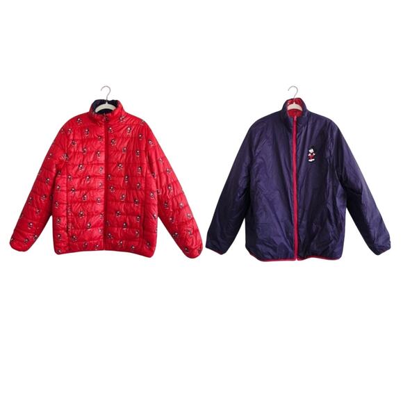 Disney Red & Purple Reversible Mickey Mouse Puffer Jacket Unisex Size Large - Picture 1 of 9